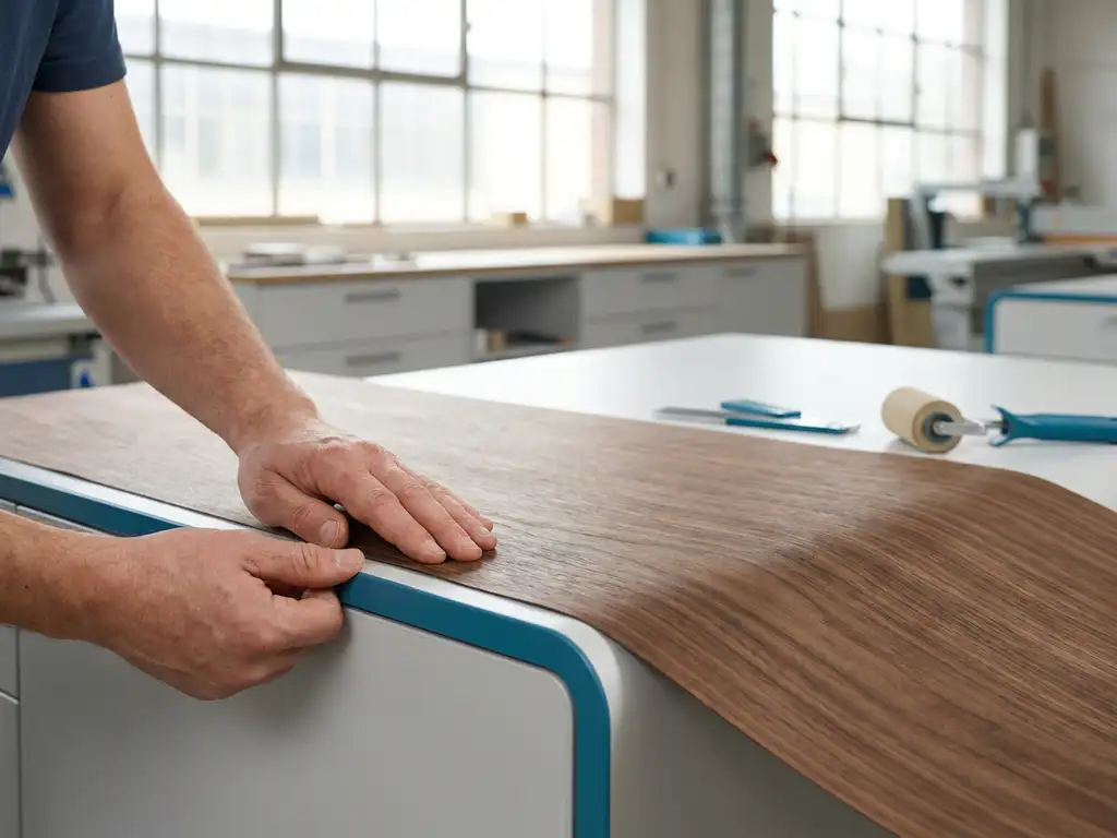 Professionele handen brengen walnootfineer aan op moderne kastdeur in hedendaagse werkplaats met natuurlijk licht