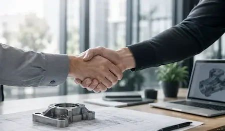 İki iş ortağı, mühendislik tasarım çizimi, metal bir makine parçası ve 3D CAD modeli içeren bir dizüstü bilgisayarın bulunduğu bir masada el sıkışıyor.