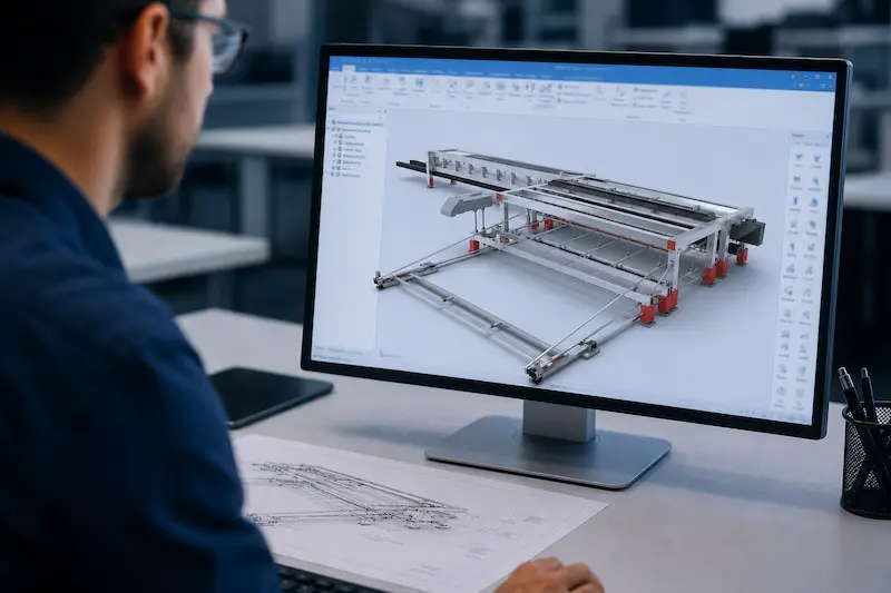 Conception de la machine Un ingénieur travaille sur la conception d'une machine à l'aide d'un logiciel de CAO 3D sur un poste de travail moderne.