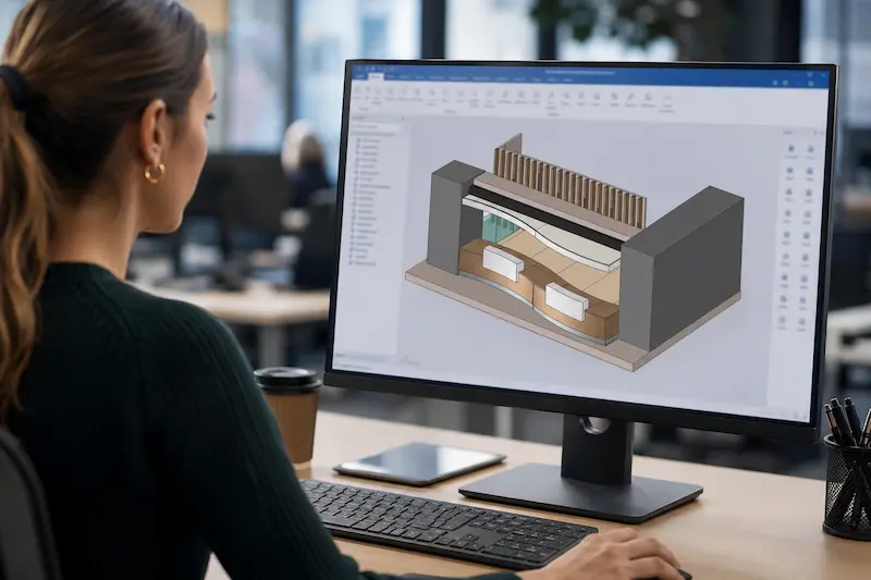 Un designer travaille sur un projet d'aménagement intérieur et scénique dans un bureau utilisant un programme de CAO en 3D.
