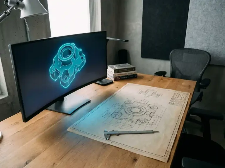 3D CAD-model van een mechanisch onderdeel op monitor naast technische tekening met schuifmaat op tekentafel.