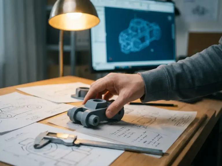 Hand die een 3D-geprint componentmodel herpositioneert op een tekentafel met revisienotities, schuifmaat en CAD-wireframe op monitor op de achtergrond.