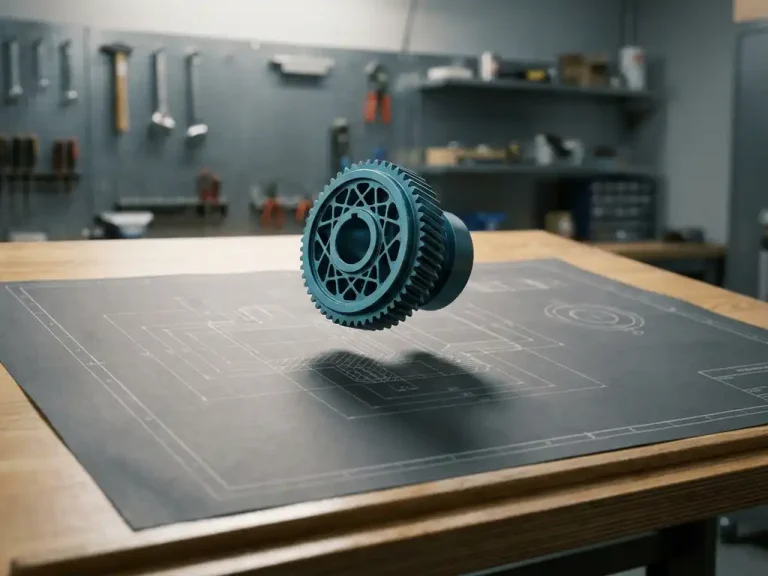 3D mechanisch onderdeel in tealblauw zweeft boven een technische tekening op een ontwerptafel, met scherpe schaduw en studiobelichting.