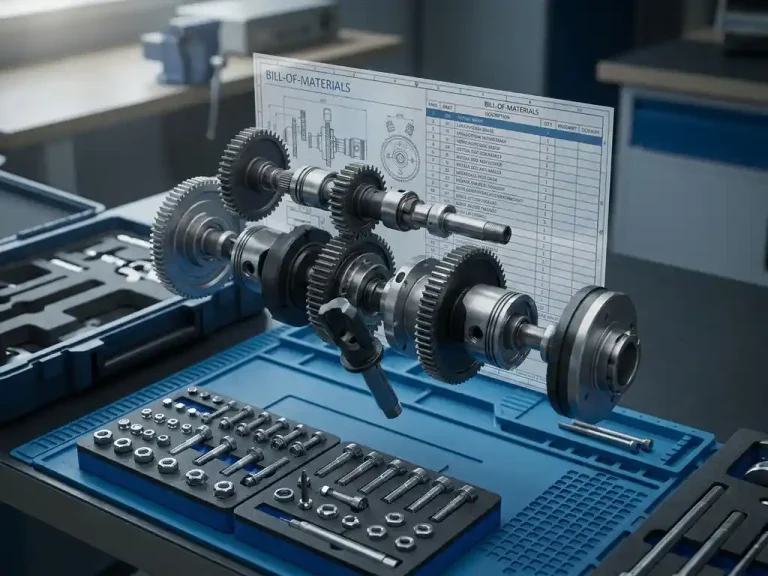 3D mechanische assembly zweeft boven een ingenieurswerkstation met een geïntegreerde stuklijst tussen precisie-gefreesd metalen onderdelen.