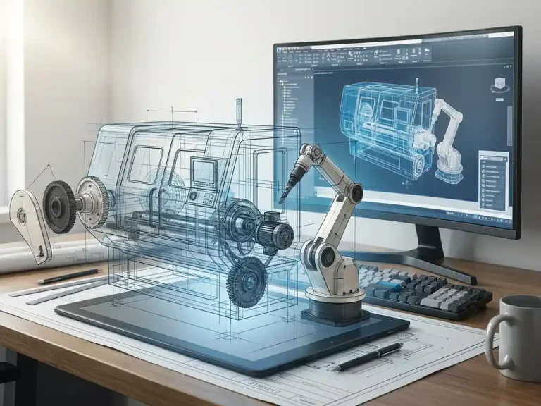 3D wireframe CAD-model van een industriële machine in aanbouw, met stalen blauwe en antraciet tinten op een modern tekenstation.