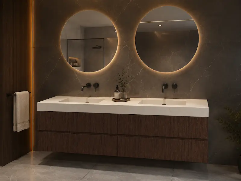 Visualisation du mobilier de salle de bains Rendu généré par IA d'une cuisine moderne et minimaliste en chêne clair, dotée d'un plan de travail en pierre naturelle grise, d'un évier et d'un robinet noirs, d'un îlot aux bords arrondis et d'une rangée de placards hauts, intégrée dans un espace de vie lumineux baigné de lumière naturelle et à la décoration sobre.