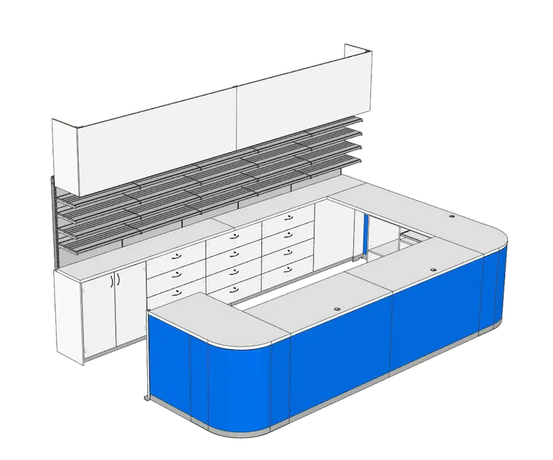 Conception en 3D d'un poste de travail de laboratoire avec table de laboratoire en U, armoires de rangement, blocs-tiroirs et étagères murales pour l'ameublement de laboratoire, conçu dans IronCAD.