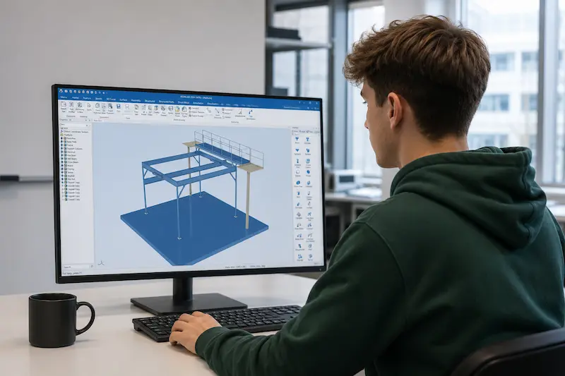 A student is using IronCAD CAD software to create a 3D model of a steel structure in a modern workspace equipped with an educational license.