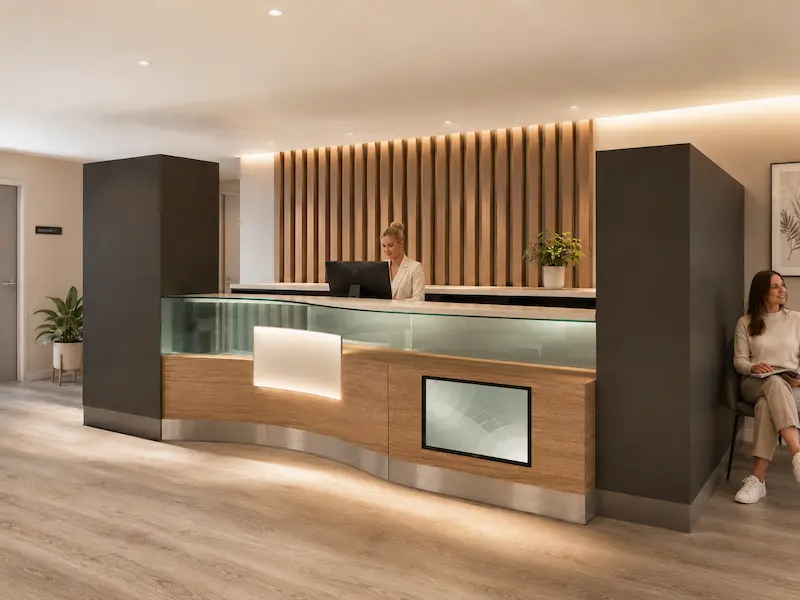 Rendu de la salle d'attente d'un cabinet médical Rendu IA d'une réception de cabinet chaleureuse et professionnelle, dotée d'un comptoir incurvé au fini bois luxueux, de volumes latéraux noirs, d'une paroi vitrée aux reflets turquoise subtils, d'un éclairage intégré et d'un panneau d'écran à l'avant. Derrière le comptoir se tient une réceptionniste, tandis qu'un client prend place sur une chaise dans la salle d'attente, à côté du comptoir.