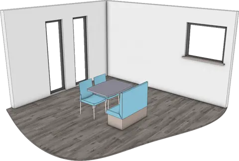 3D-render van een kamer met houten vloer, witte muren, een tafel met stoelen, hoge ramen en een wandraam IronCAD catalogi