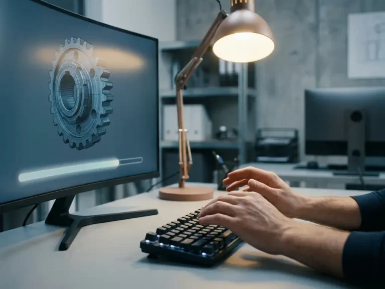 Beginnershanden boven een toetsenbord met een 3D CAD-model van een mechanisch onderdeel op de monitor, industriële werkplek.