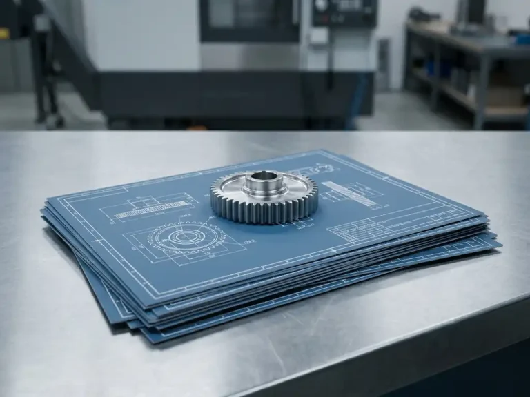 CAD-tekeningen op industrieel stalen bureau met glanzend 3D-geprint mechanisch onderdeel als middelpunt, machinewerkplaats op de achtergrond.