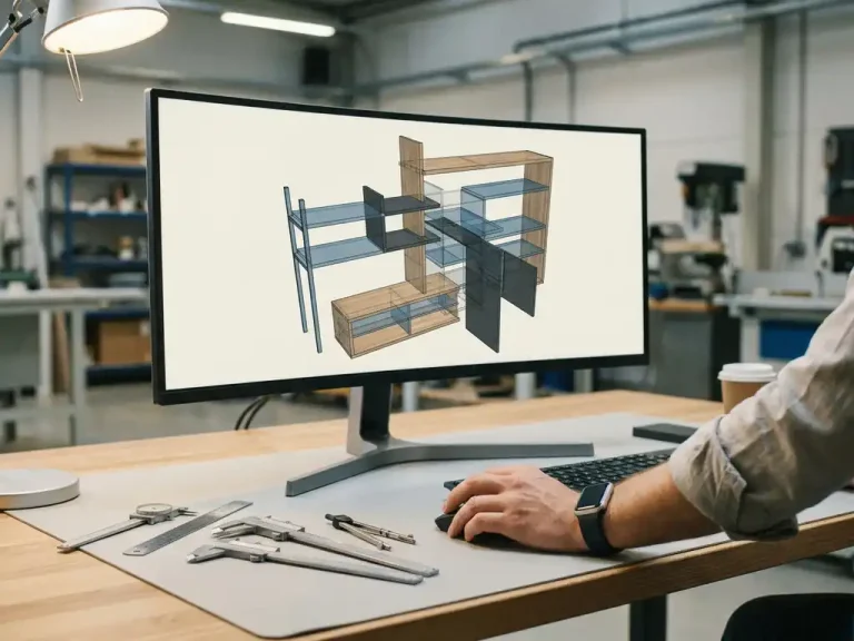 CAD-ingenieur past parametrisch 3D-meubelcomponent aan op groot monitor in moderne productiewerkruimte.