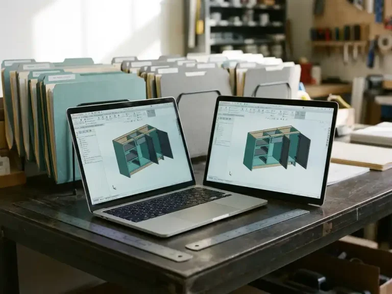 Open laptop met 3D CAD-model van een kast op een industrieel bureau, omgeven door geordende projectmappen en een stalen liniaal.