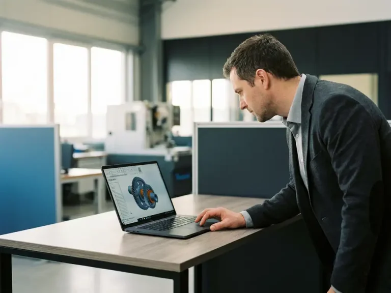 Klant bekijkt 3D CAD-model van mechanisch onderdeel op laptop in modern productiekantoor met daglicht.