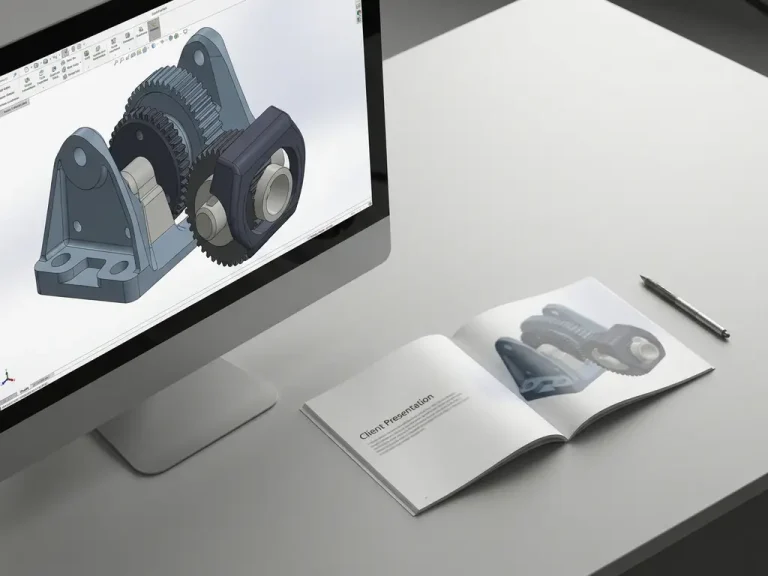 3D CAD-model van precisie-onderdelen op monitor naast open klantpresentatieboekje op modern bureau.