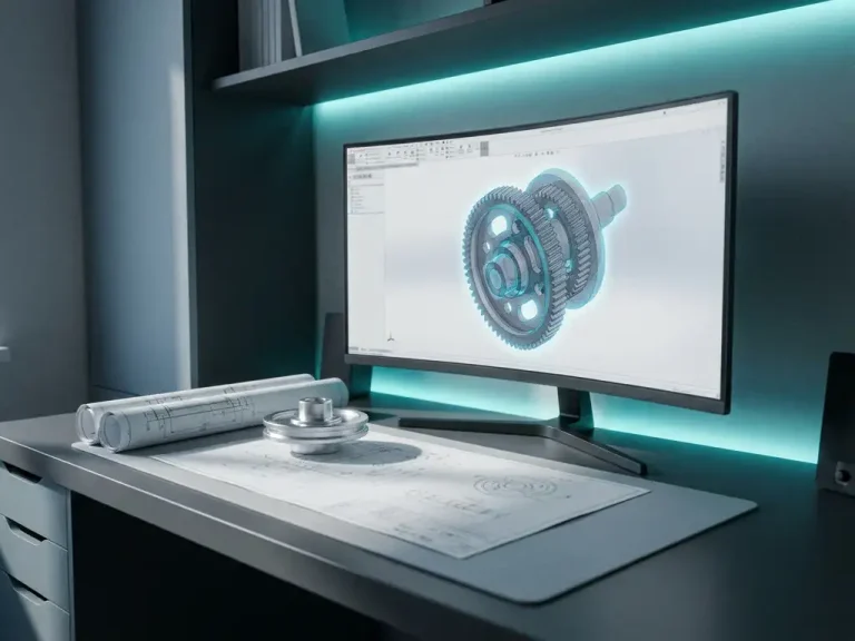 3D CAD-model van precisie-onderdeel op monitor, omringd door technische tekeningen en aluminium component op modern bureau.