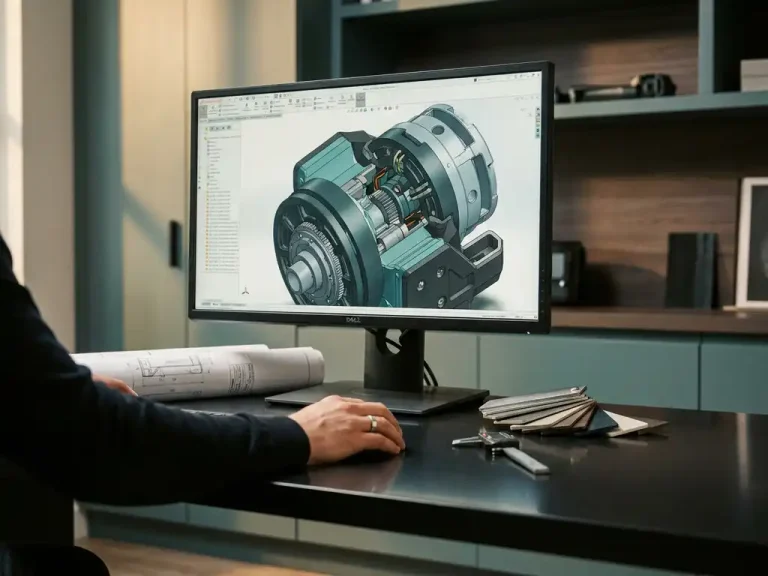 3D CAD-model van een precisie mechanisch onderdeel op monitor, met blauwdrukken en materiaalstalen op modern industrieel bureau.