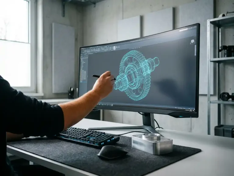 Designer bewerkt een complex 3D-mechanisch onderdeel in CAD-software, met een aluminium prototype naast het toetsenbord.