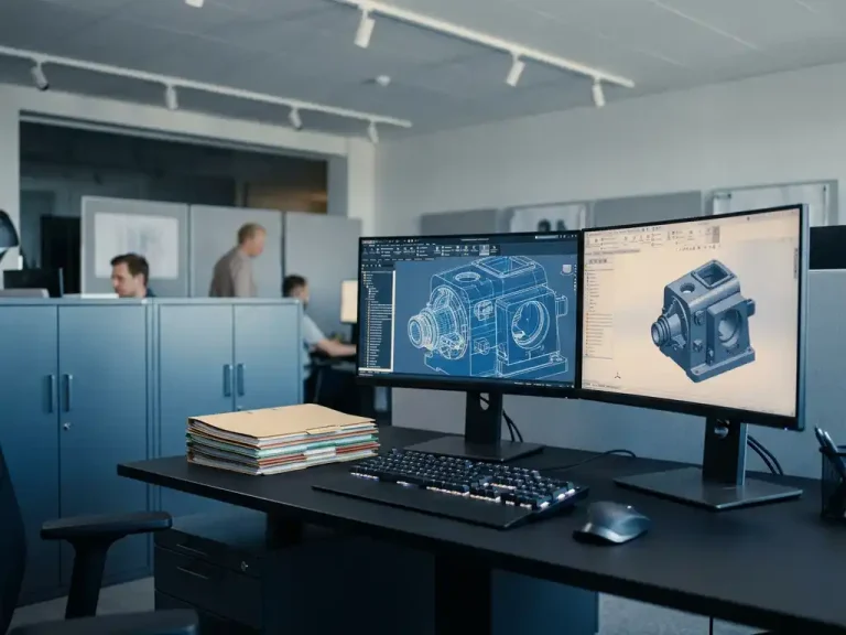 CAD-ontwerper aan dual-monitor werkstation met 3D mechanische tekeningen en stapel projectmappen in modern kantoor.