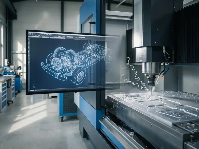CAD-tekening op monitor naast CNC-machine die aluminium bewerkt, met metaalkrullen bij de snijkop in een industriële werkplaats.