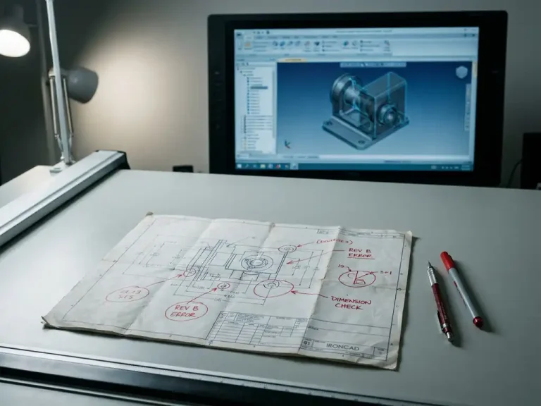 Verfrommeld technisch CAD-tekening met revisiefouten op een tekentafel, naast een mechanisch potlood en rode correctiepen, monitor op achtergrond met 3D CAD-model.