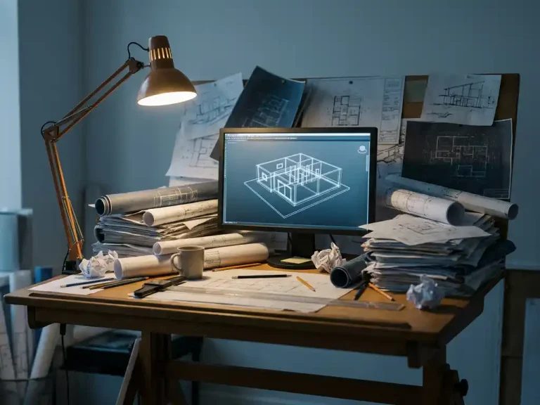 Rommelig tekentafel met stapels technische blauwdrukken en CAD-tekeningen, verlicht door een bureaulamp naast een monitor met een helder 3D-model.