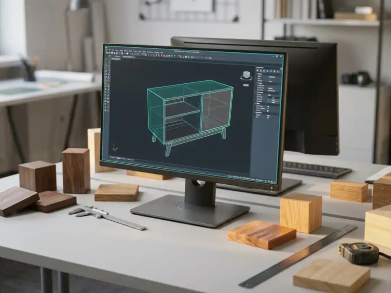 CAD-werkstation met 3D-draadframe kast op scherm, omringd door houten meubelstalen en meetgereedschap op een tekentafel.