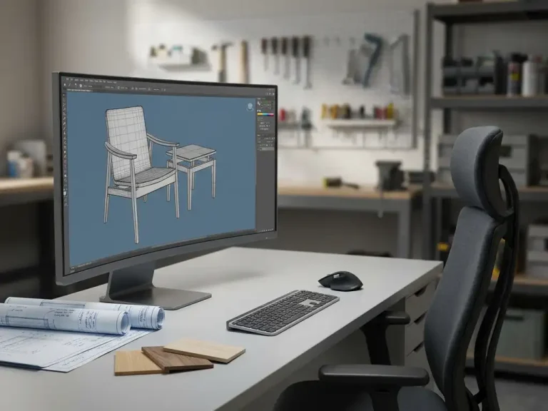 CAD-werkstation met 3D-meubelmodel op scherm, omringd door werkplaatsblauwdrukken en houtmonsters op het bureau.