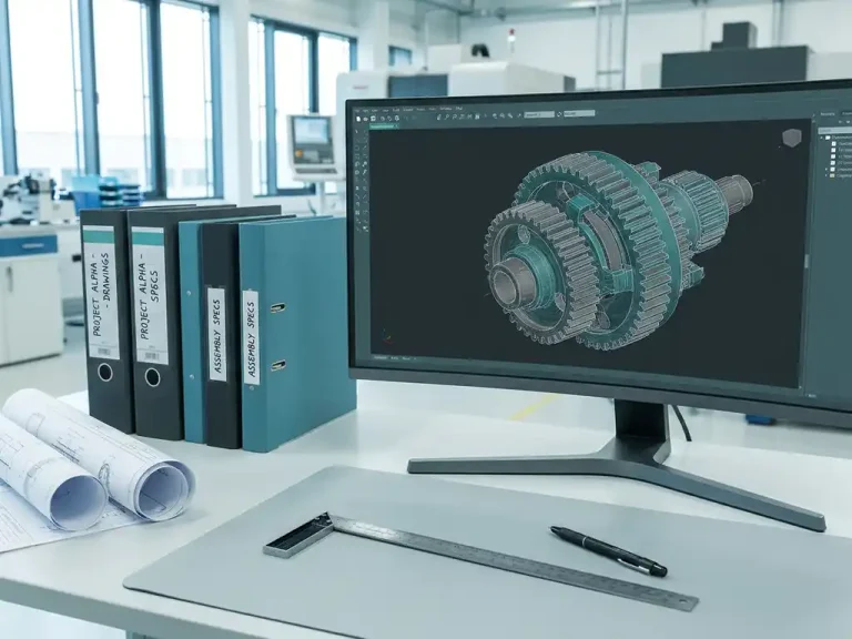 CAD-werkstation met gelabelde mappen, technische tekeningen en een 3D-mechanisch onderdeel op monitor, precisieliniaal op bureau.