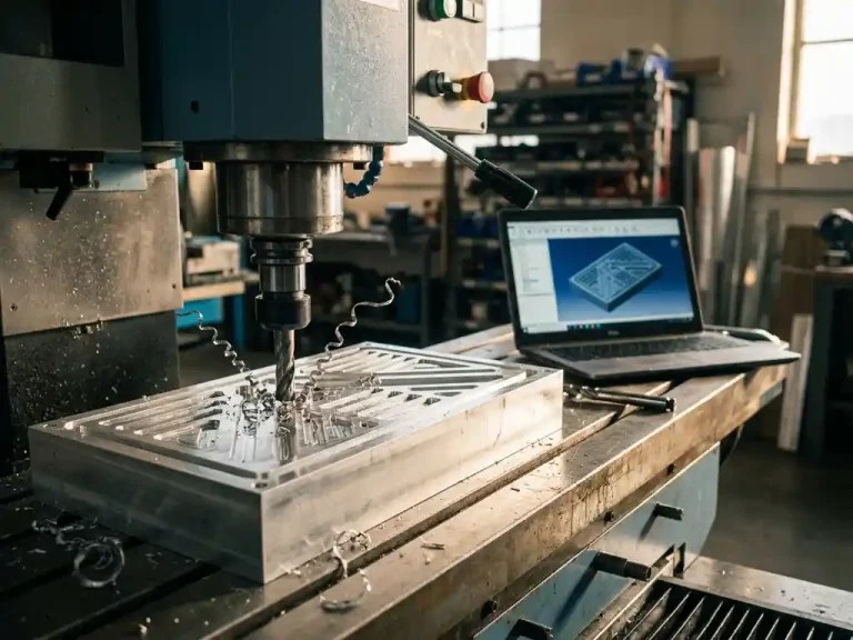 CNC-freesmachine snijdt geometrische vormen in aluminium paneel, met metaalspanen rond de frees en een laptop met 3D CAD-model op de werkbank.