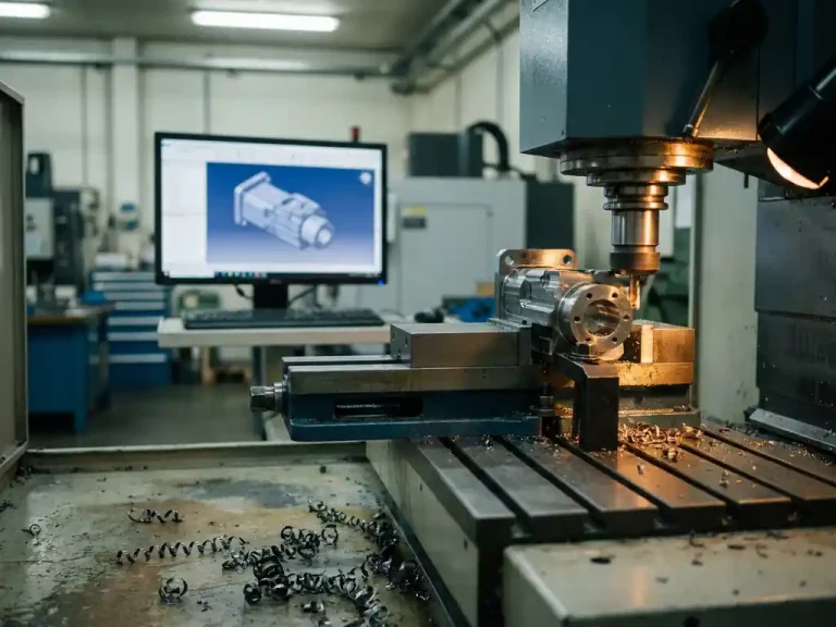 CNC-freesmachine bewerkt nauwkeurig metalen onderdeel, met bijpassend 3D CAD-model op monitor op de achtergrond.