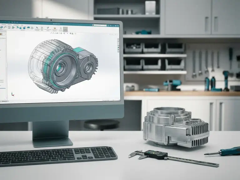 3D CAD-ontwerp op monitor naast gefreesd aluminium CNC-onderdeel, schuifmaat en toetsenbord op werkbank.