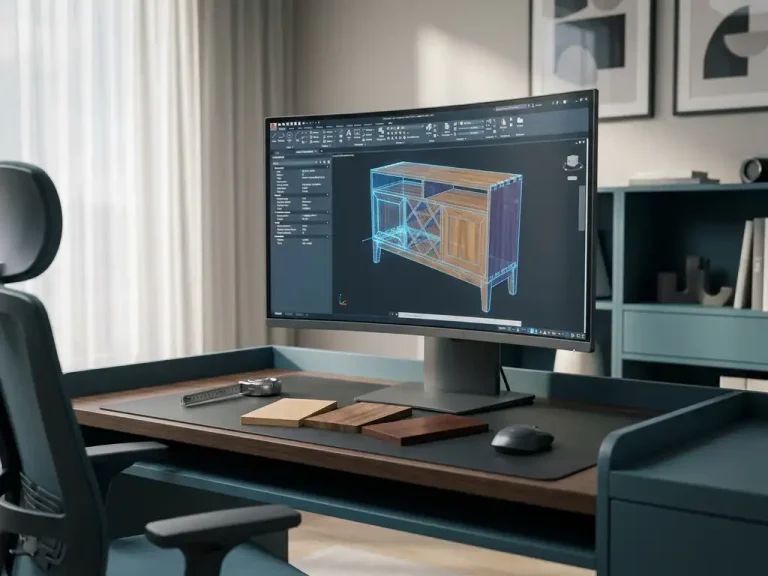 3D-meubelmodel van houten kast op CAD-werkstation monitor, met houtmonsters en meetlint op bureau.