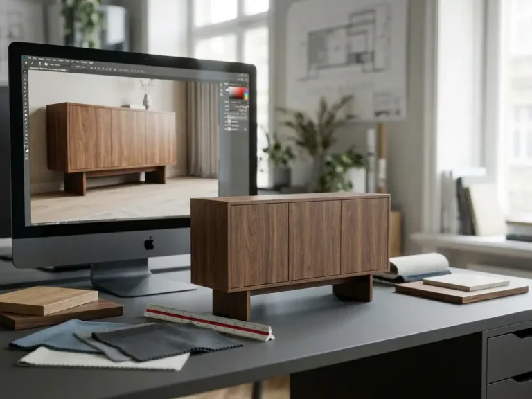 Houten kast 3D-model op designerwerkplek met monitor die fotorealistische meubelvisualisaties toont en materiaalstalen.