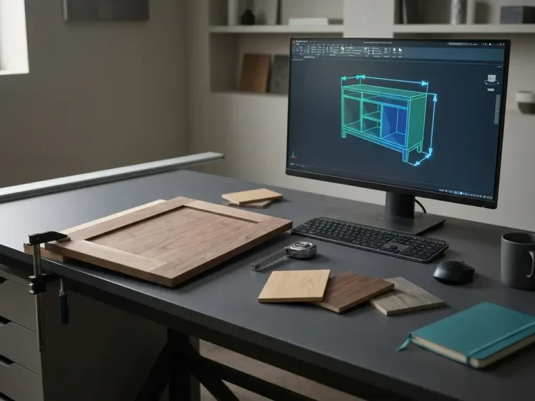 Houten kastpaneel op tekentafel naast monitor met 3D CAD-model met parametrische maathandvatten, houtmonsters en meetlint.