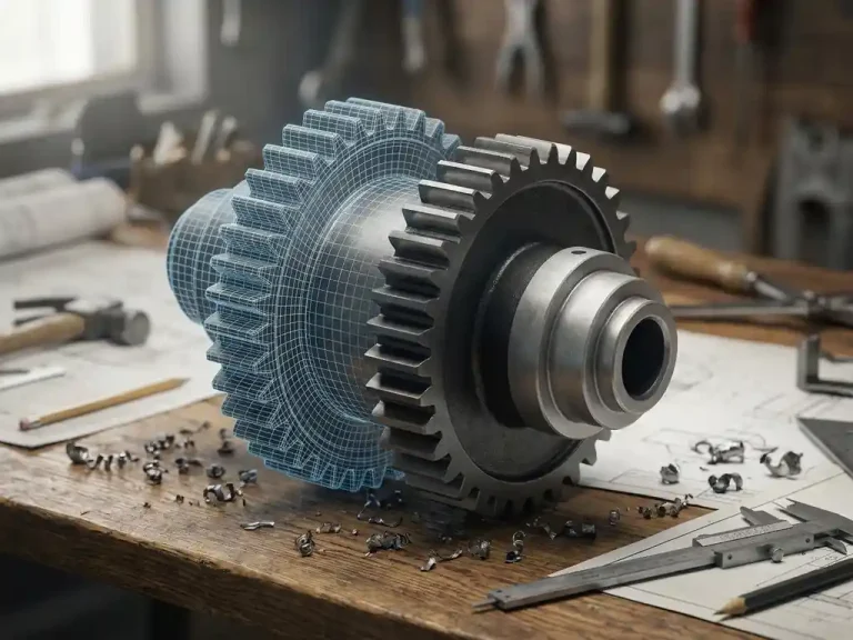 Industrieel mechanisch onderdeel half als wireframe 3D-model, half als fotorealistisch render, op een tekentafel met metaalspanen.