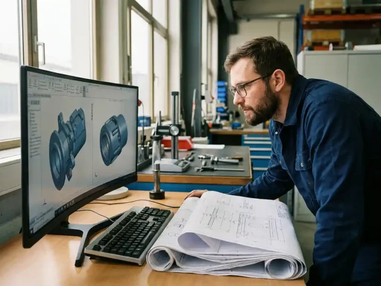 Ingenieur bekijkt 3D CAD-modellen op monitor naast technische maattekeningen in moderne industriële werkruimte.