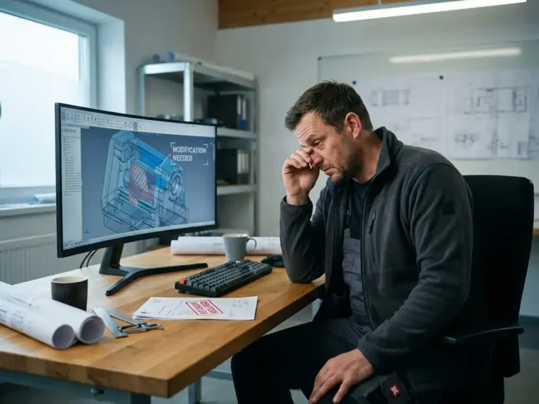 Gefrustreerde ingenieur bij werktafel met 3D CAD-model op monitor en rood gestempeld revisiedocument naast toetsenbord.