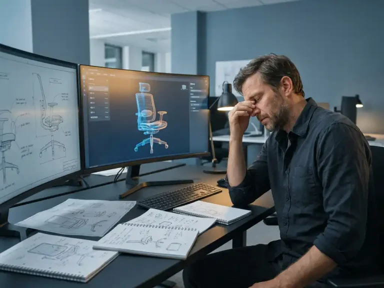 Gestresste ingenieur aan een CAD-werkstation met 3D-meubelontwerpen op scherm en herziene blauwdrukken verspreid op het bureau.