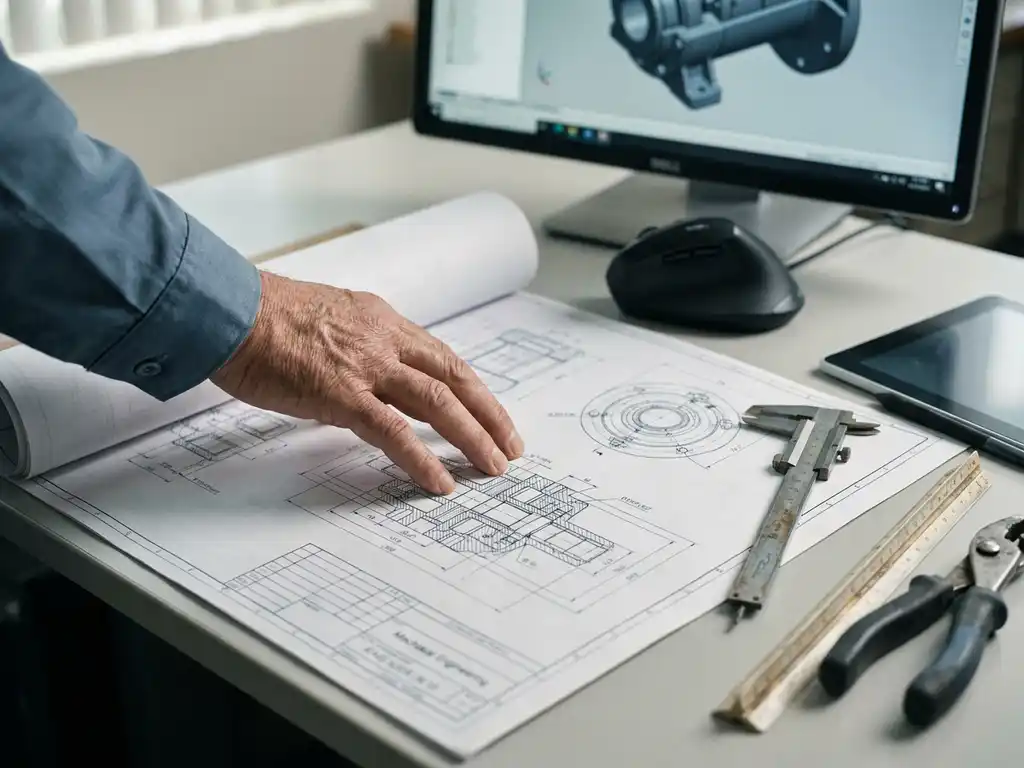 Ingenieurhand boven een mechanische machinetekening op een tekentafel, met een CAD-muis en monitor op de achtergrond.