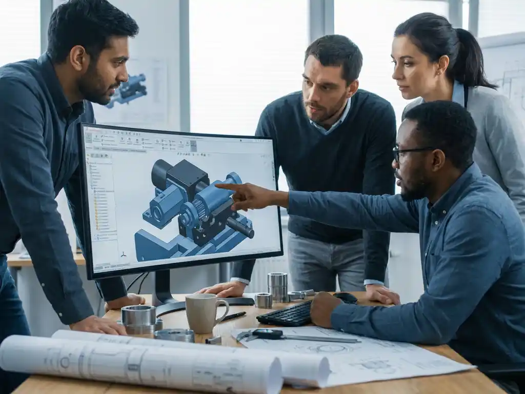 Ingenieurs werken samen aan een 3D CAD-assemblagmodel op een professionele monitor, met technische tekeningen en precisiegereedschap op het bureau.
