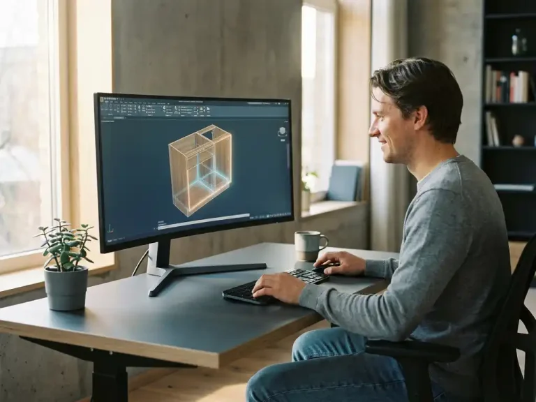 Persoon aan modern bureau die een 3D-interieurrender van een houten kast bewerkt op grote monitor in een strakke CAD-werkomgeving.