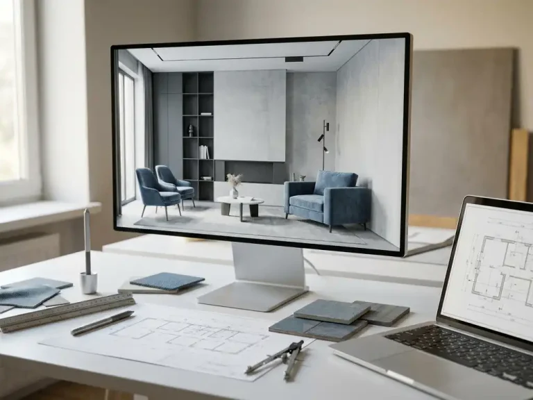 Monitor met 3D interieurvisualisatie omringd door CAD-tekengereedschap en materiaaltesteurs op een modern bureau.