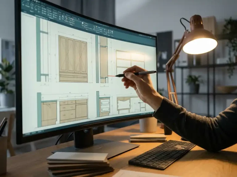 Designer werkt aan gedetailleerde interieur CAD-tekening op monitor, houten kast- en meubelcomponenten zichtbaar in blauwdruk.
