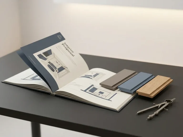 3D-gerenderd interieurontwerp voorstel op mat bureau naast houten panaalstalen en tekencompas, staalblauwe en antraciet tinten.