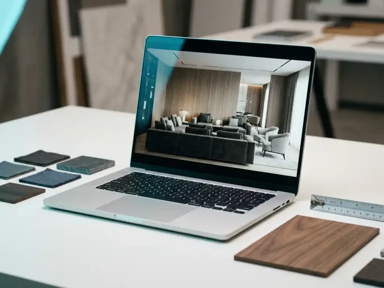 Laptop met fotorealistische 3D-rendering van moderne woonkamer, omringd door materiaalstalen en meetlint op wit bureau.