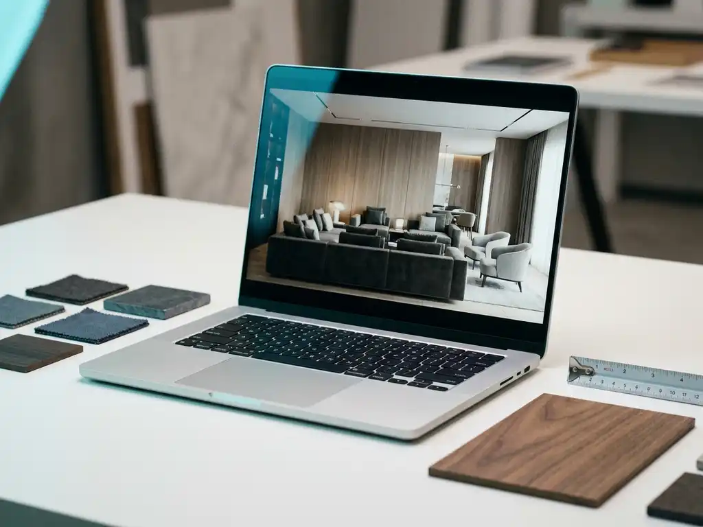 Laptop met fotorealistische 3D-rendering van moderne woonkamer, omringd door materiaalstalen en meetlint op wit bureau.