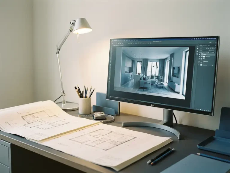 Interieurontwerpbureau met handgetekende technische tekeningen naast een CAD-werkstation met 3D-interieurmodel, potloden en meetlint op het bureau.