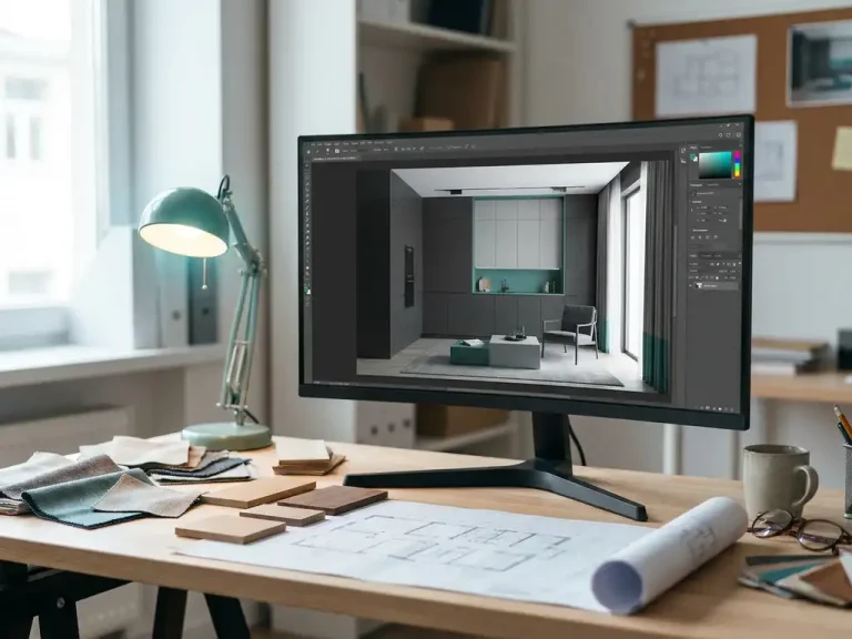 3D-gerenderd interieurontwerp op monitor, omringd door materiaalstalen en technische tekening op ontwerptafel met teal accentverlichting.